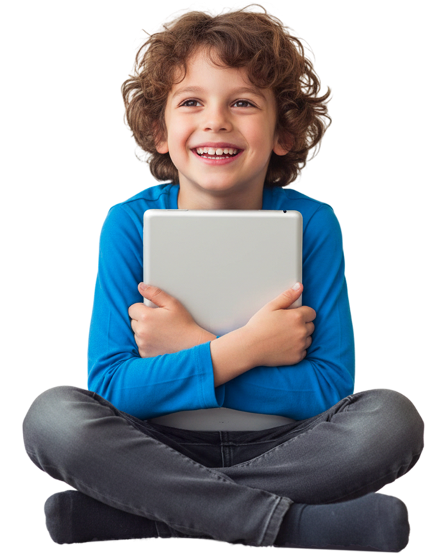 Criança sorridente abraçada ao tablet